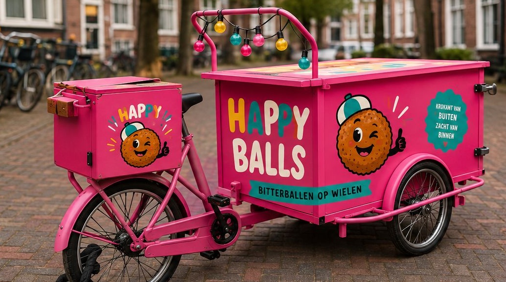 Fotorealistische Happy Balls bitterballenbakfiets in een straatje